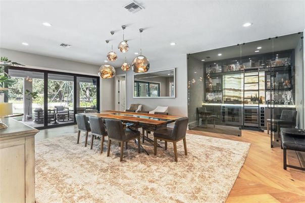 Dining room, Interior, Pendant Lights, Recessed Lighting, Wood Texture Flooring