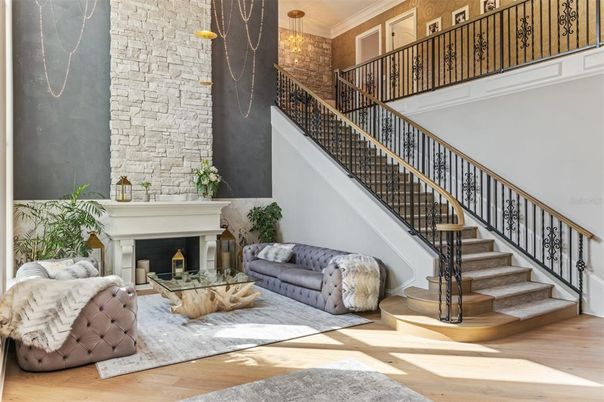 Fireplace, Interior, Pendant Lights, Stone Walls, Wood Texture Flooring