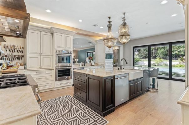 Chandelier, Interior, Kitchen, Recessed Lighting, Stainless Steel Appliances, Wood Texture Flooring