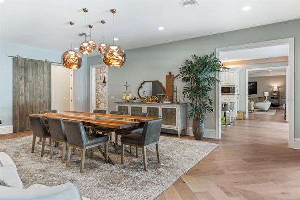 Dining room, Interior, Pendant Lights, Recessed Lighting, Wood Texture Flooring