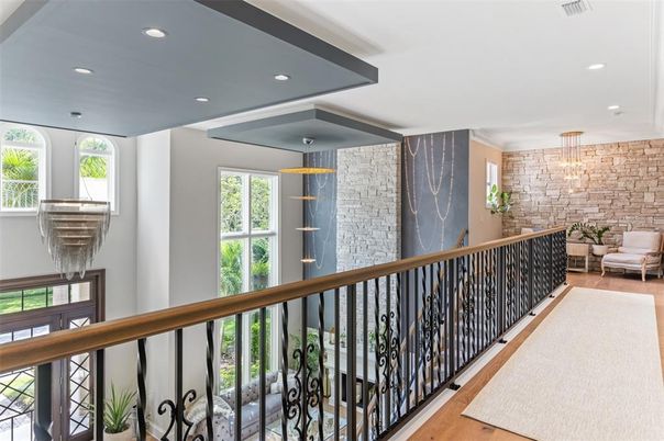 Interior, Pendant Lights, Recessed Lighting, Stone Walls, Wood Texture Flooring