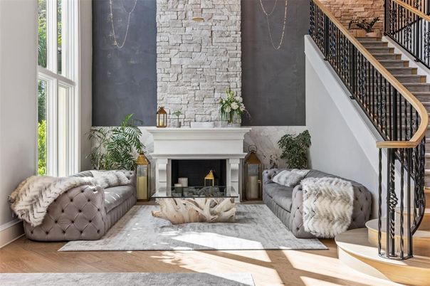 Fireplace, Interior, Living room, Stone Walls, Wood Texture Flooring