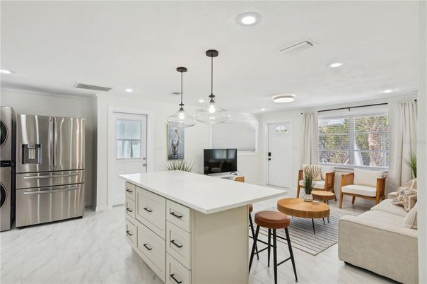 Interior, Kitchen, Living room, Marble, Pendant Lights, Recessed Lighting, Stainless Steel Appliances