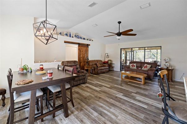 Dining room, Interior, Living room, Pendant Lights, Wood Texture Flooring