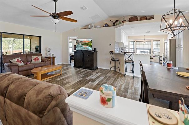 Dining room, Interior, Kitchen, Living room, Pendant Lights, Recessed Lighting, Wood Texture Flooring
