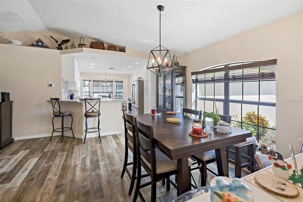 Dining room, Interior, Kitchen, Pendant Lights, Recessed Lighting, Wood Texture Flooring