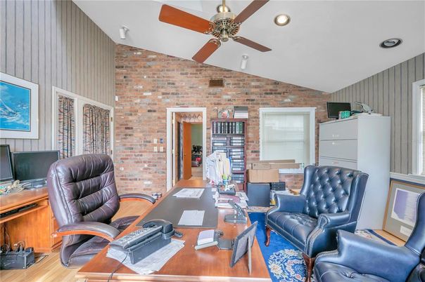 Home Office, Interior, Recessed Lighting, Stone Walls, Wood Texture Flooring