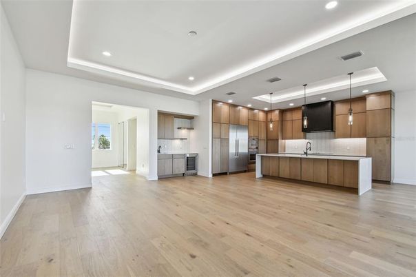 Interior, Kitchen, Pendant Lights, Recessed Lighting, Stainless Steel Appliances, Wood Texture Flooring