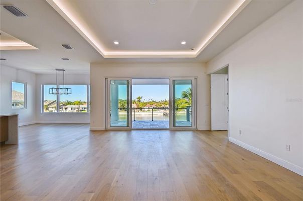 Empty room, Interior, Pendant Lights, Recessed Lighting, Wood Texture Flooring