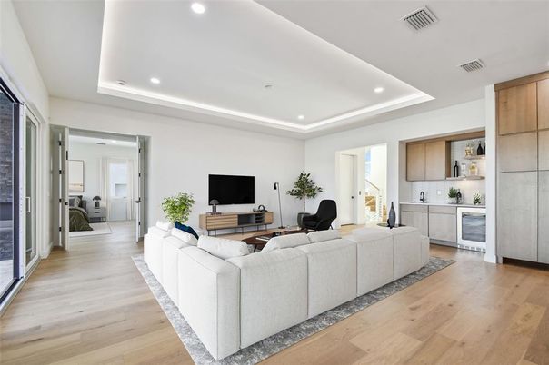 Interior, Living room, Recessed Lighting, Wood Texture Flooring