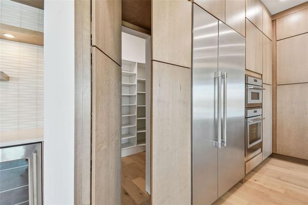 Interior, Kitchen, Recessed Lighting, Stainless Steel Appliances, Wood Texture Flooring