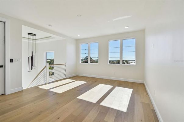 Empty room, Interior, Pendant Lights, Recessed Lighting, Wood Texture Flooring