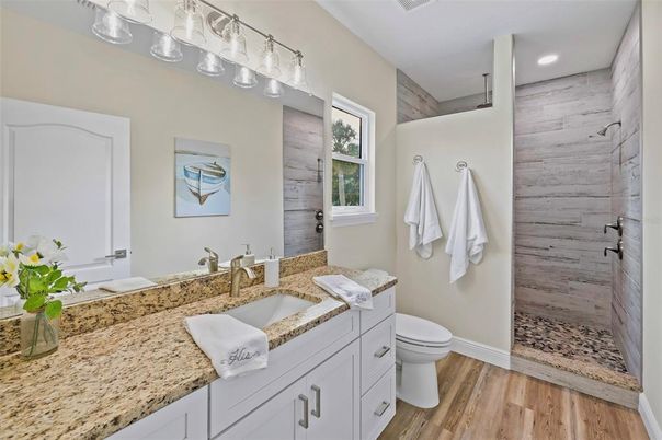 Bathroom, Interior, Recessed Lighting, Wood Texture Flooring