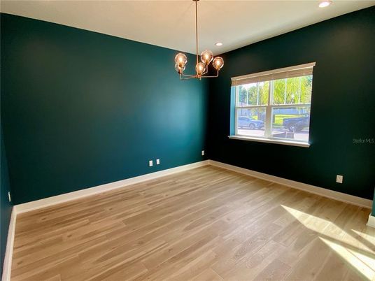 Empty room, Interior, Pendant Lights, Recessed Lighting, Wood Texture Flooring