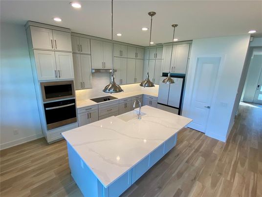 Interior, Kitchen, Pendant Lights, Recessed Lighting, Wood Texture Flooring