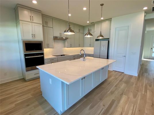 Interior, Kitchen, Pendant Lights, Recessed Lighting, Wood Texture Flooring