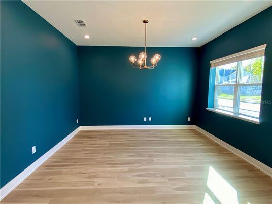 Chandelier, Empty room, Interior, Recessed Lighting, Wood Texture Flooring