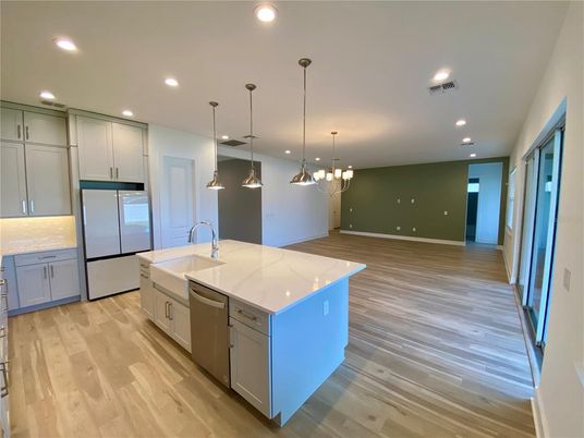 Interior, Kitchen, Pendant Lights, Recessed Lighting, Wood Texture Flooring