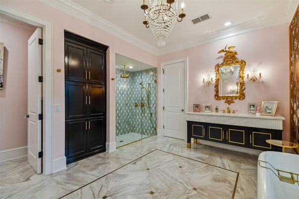 Bathroom, Chandelier, Dual Sink Vanities, Glass Shower, Interior, Marble, Recessed Lighting