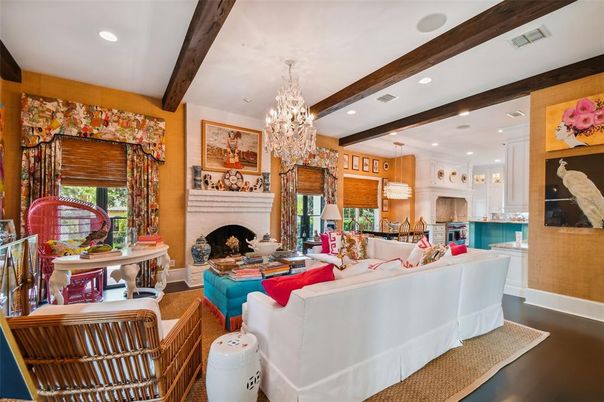 Chandelier, Fireplace, Interior, Kitchen, Living room, Recessed Lighting, Wooden Beams