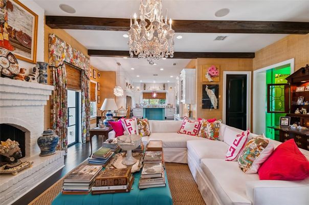 Chandelier, Fireplace, Interior, Kitchen, Living room, Pendant Lights, Recessed Lighting, Wooden Beams, Wood Texture Flooring