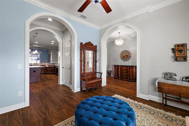 Chandelier, Interior, Kitchen, Recessed Lighting, Wood Texture Flooring