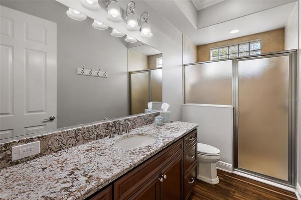 Bathroom, Glass Shower, Interior, Recessed Lighting, Wood Texture Flooring