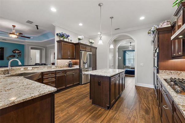 Interior, Kitchen, Pendant Lights, Recessed Lighting, Stainless Steel Appliances, Wood Texture Flooring