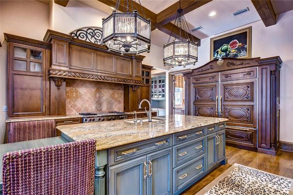 Interior, Kitchen, Pendant Lights, Recessed Lighting, Stainless Steel Appliances, Wooden Beams, Wood Texture Flooring