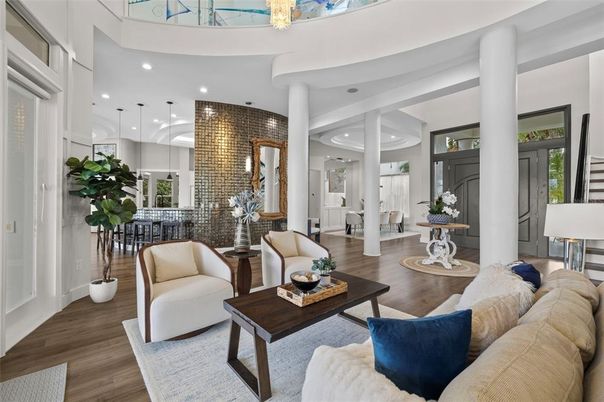 Interior, Kitchen, Living room, Pendant Lights, Recessed Lighting, Wood Texture Flooring
