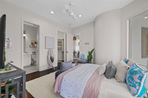 Bedroom, Interior, Recessed Lighting, Wood Texture Flooring