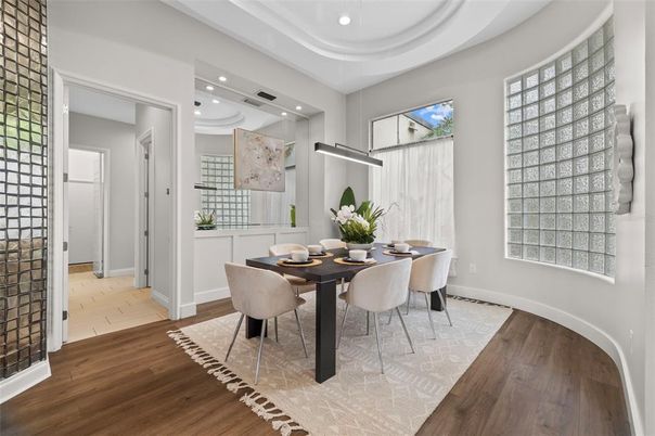 Dining room, Interior, Recessed Lighting, Wood Texture Flooring