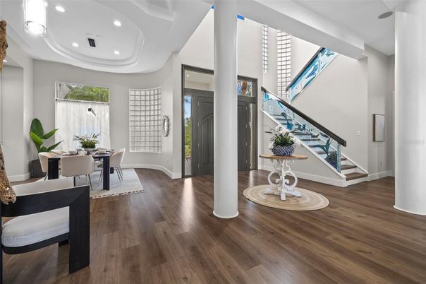 Dining room, Interior, Recessed Lighting, Wood Texture Flooring