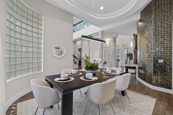 Dining room, Interior, Pendant Lights, Recessed Lighting, Wood Texture Flooring