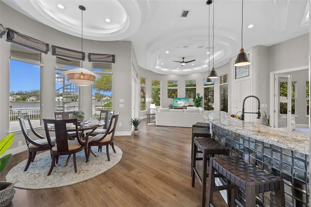 Dining room, Interior, Living room, Pendant Lights, Recessed Lighting, Wood Texture Flooring