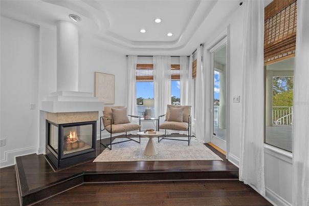 Fireplace, Interior, Living room, Recessed Lighting, Wood Texture Flooring