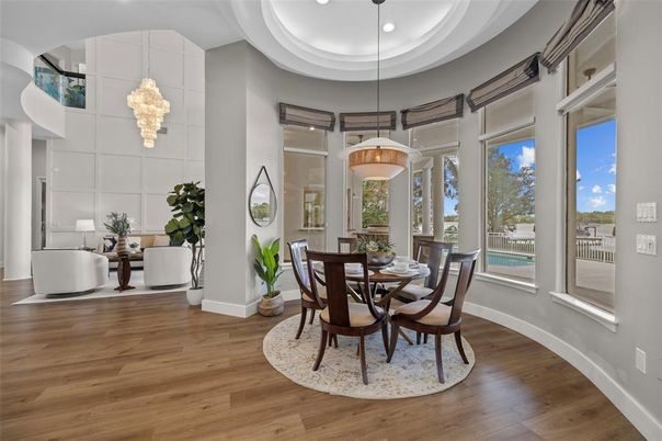 Chandelier, Dining room, Interior, Living room, Pendant Lights, Recessed Lighting, Wood Texture Flooring