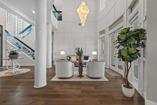 Chandelier, Interior, Living room, Recessed Lighting, Wood Texture Flooring