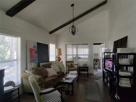 Interior, Living room, Pendant Lights, Wooden Beams, Wood Texture Flooring