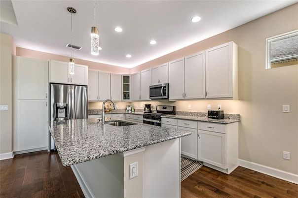 Interior, Kitchen, Pendant Lights, Recessed Lighting, Stainless Steel Appliances, Wood Texture Flooring