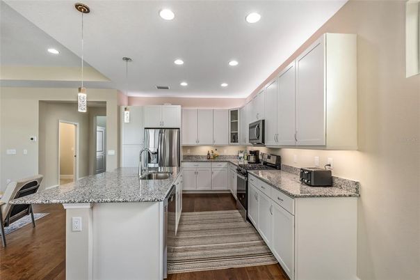 Interior, Kitchen, Pendant Lights, Recessed Lighting, Stainless Steel Appliances, Wood Texture Flooring