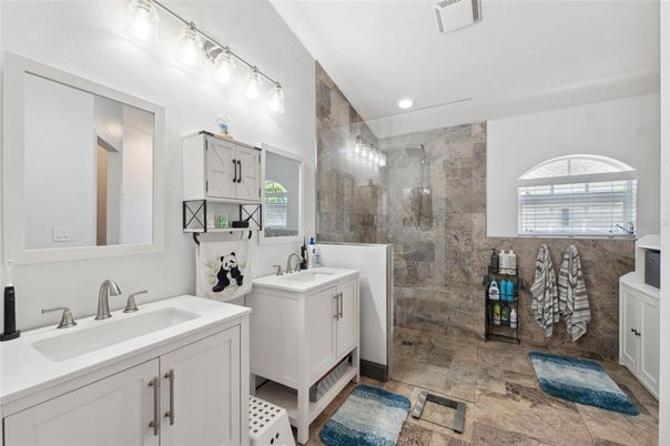 Bathroom, Dual Sink Vanities, Glass Shower, Interior, Recessed Lighting