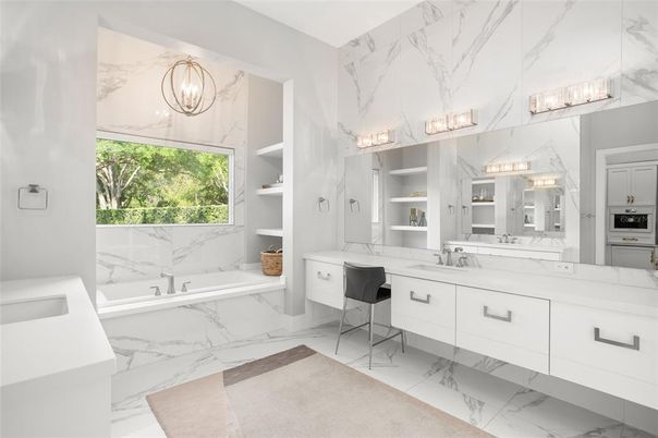 Bathroom, Dual Sink Vanities, Interior, Marble, Marble Walls, Pendant Lights