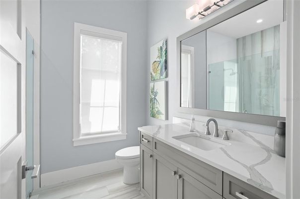 Bathroom, Interior, Recessed Lighting, Wood Texture Flooring
