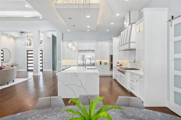 Interior, Kitchen, Pendant Lights, Recessed Lighting, Stainless Steel Appliances, Wood Texture Flooring