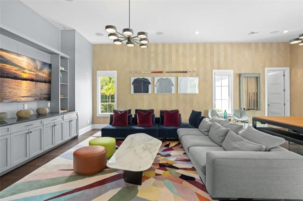Interior, Living room, Pendant Lights, Recessed Lighting, Wood Texture Flooring