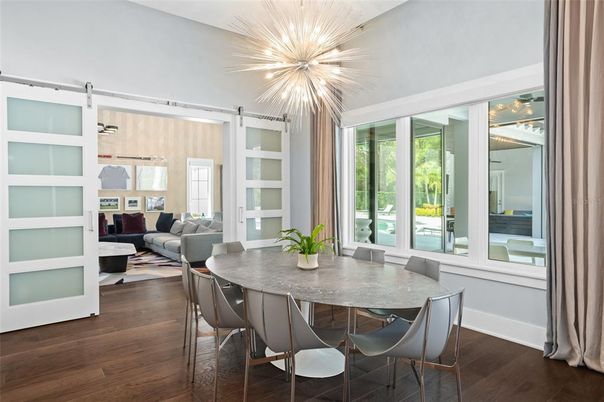 Dining room, Interior, Living room, Pendant Lights, Wood Texture Flooring