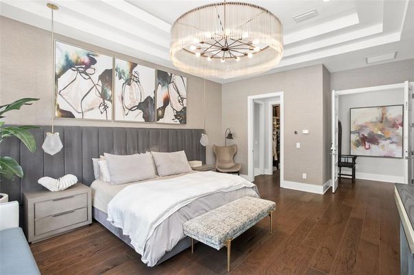 Bedroom, Interior, Pendant Lights, Wood Texture Flooring