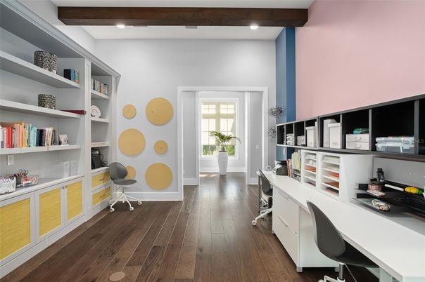 Home Office, Interior, Recessed Lighting, Wooden Beams, Wood Texture Flooring
