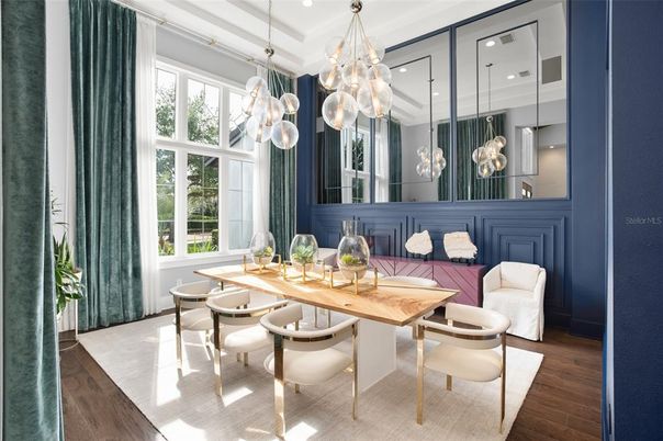 Dining room, Interior, Pendant Lights, Recessed Lighting, Wood Texture Flooring